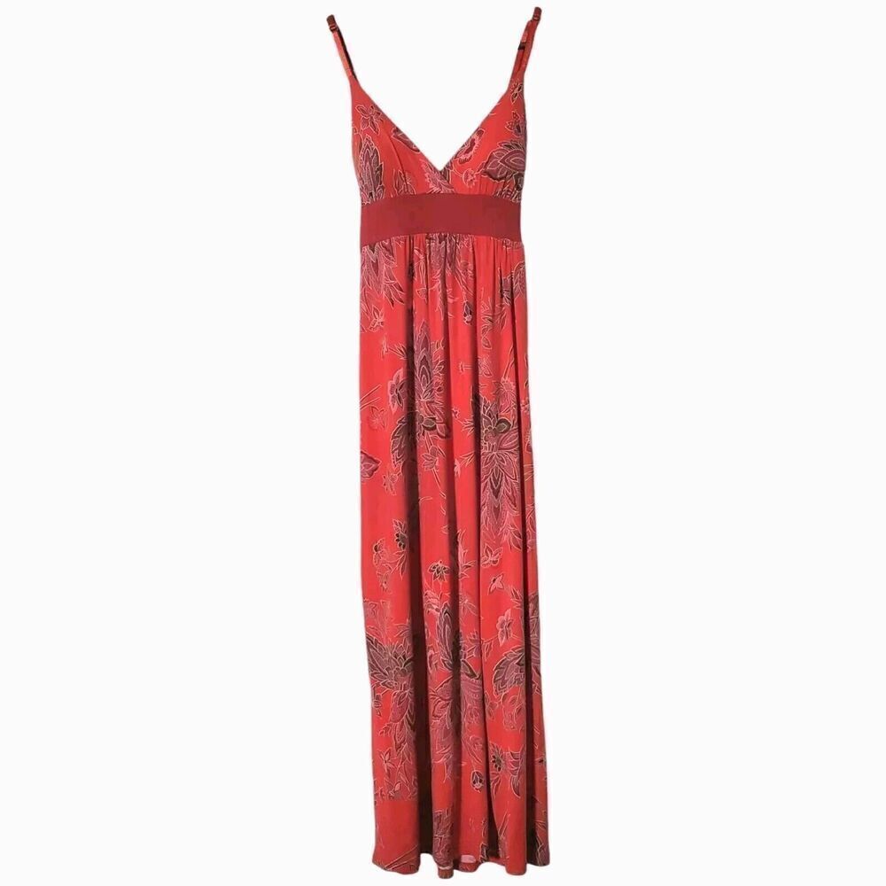 Janette Fashion Tropical Maxi Dress Size L Red Beach Sleeveless Tie Waist Womens